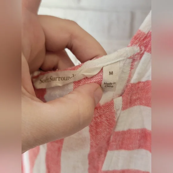 Soft Surroundings Top M Striped Sunset Tunic Red/White Cold Shoulder Linen Blend - Picture 2 of 6